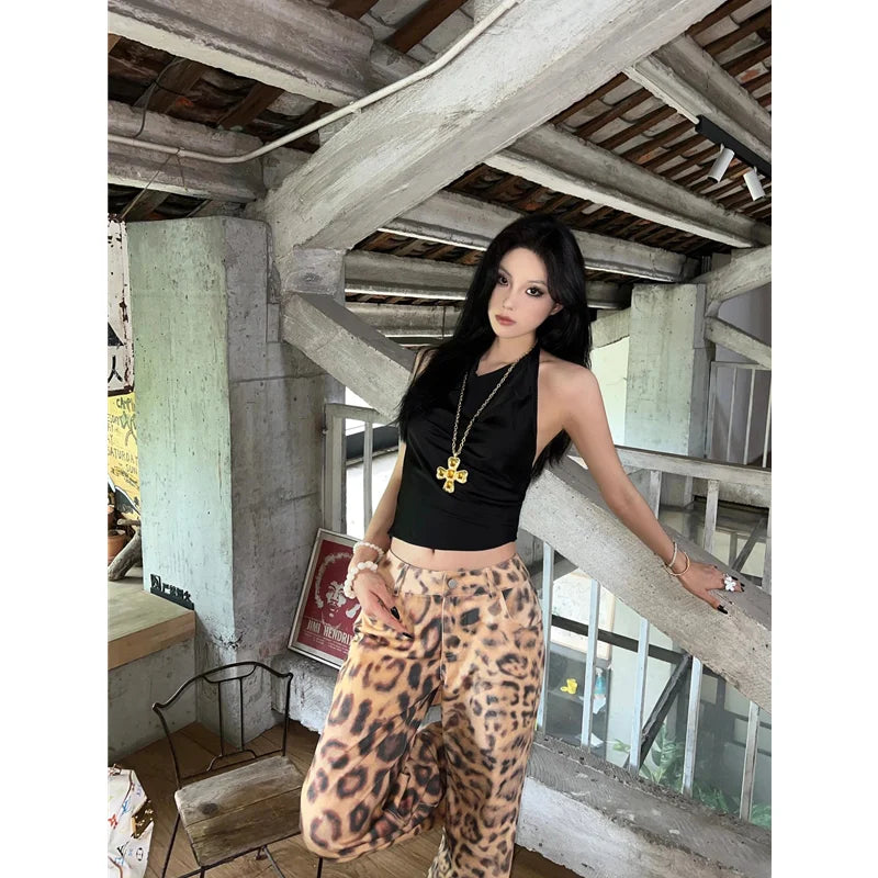 qgtao - Women Jeans Hip-hop Fashion Vintage Streetwear Y2K Wide Leg Straight Jean High Waist Leopard Print Trouser Baggy Denim Pants