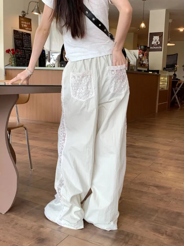 qgtao - Beige Striped Wide Leg Pants for Women Lace Patchwork Straight Trouser Elastic Waist Summer Fashion Casual Bottoms Mujer