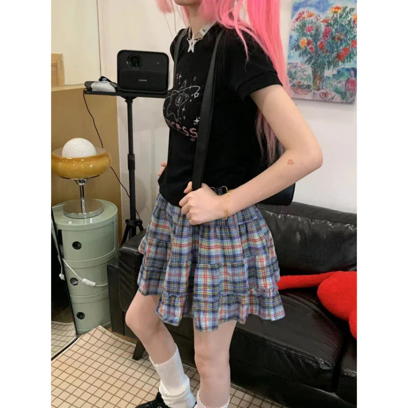 qgtao Plaid Skirt Women Mini Skirt Japanese Style Ruffle Layered Short Skirts Cute Streetwear Vintage Harajuku Preppy Skirt