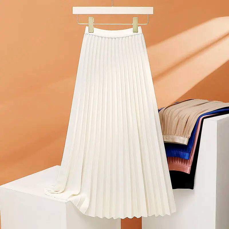 qgtao Elegant Long Pleated Skirt Women Spring Autumn Solid Elastic Waist A-line Slim Luxury Midi Skirt Vintage Female