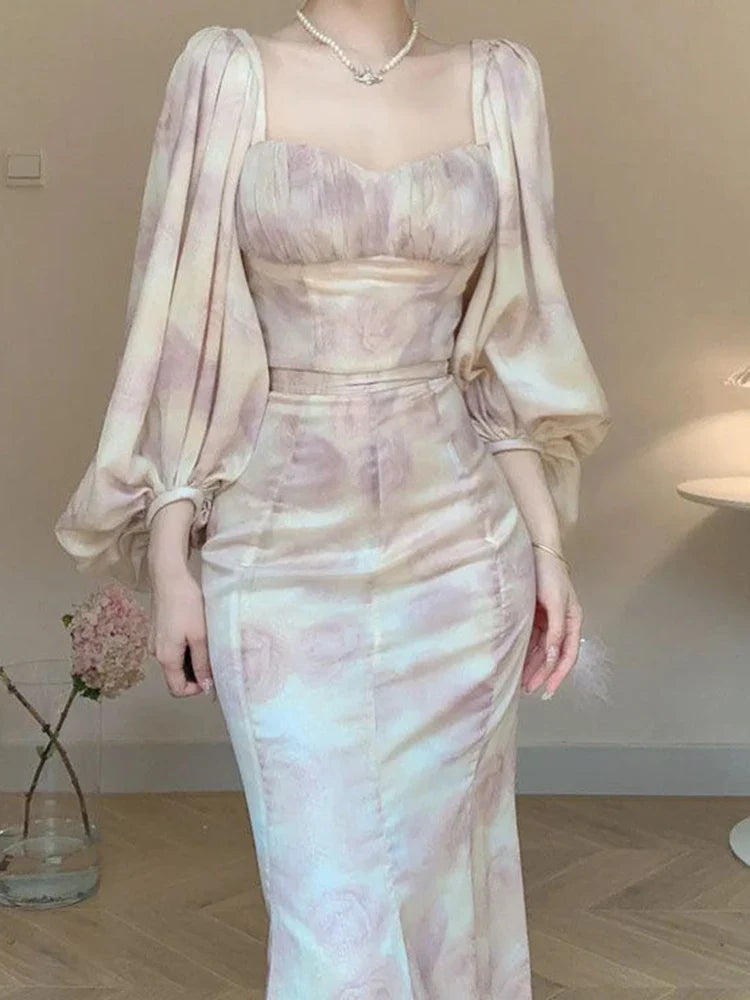 qgtao French Skirt Suit Female Spring Summer New Square Collar Lantern Sleeve Top Slim High Waist Long Skirt Two-Piece Sets Women