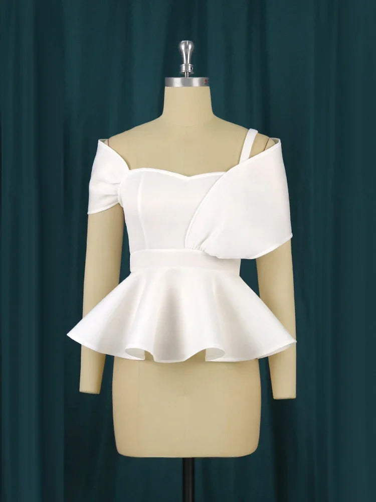 qgtao White Tops Off Shoulder Spaghetti Strap Peplum Blouses Sexy Women Party Fashion Plus Size Evening Cocktail Shirts Bluas