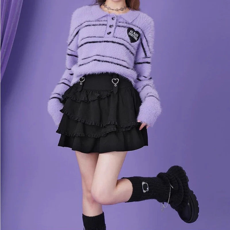 qgtao Black Y2k Mini Skirt Women Sweet Harajuku Kawaii Ruffle Gothic Patchwork Short Skirt Casual Grunge Street A-line Skirts