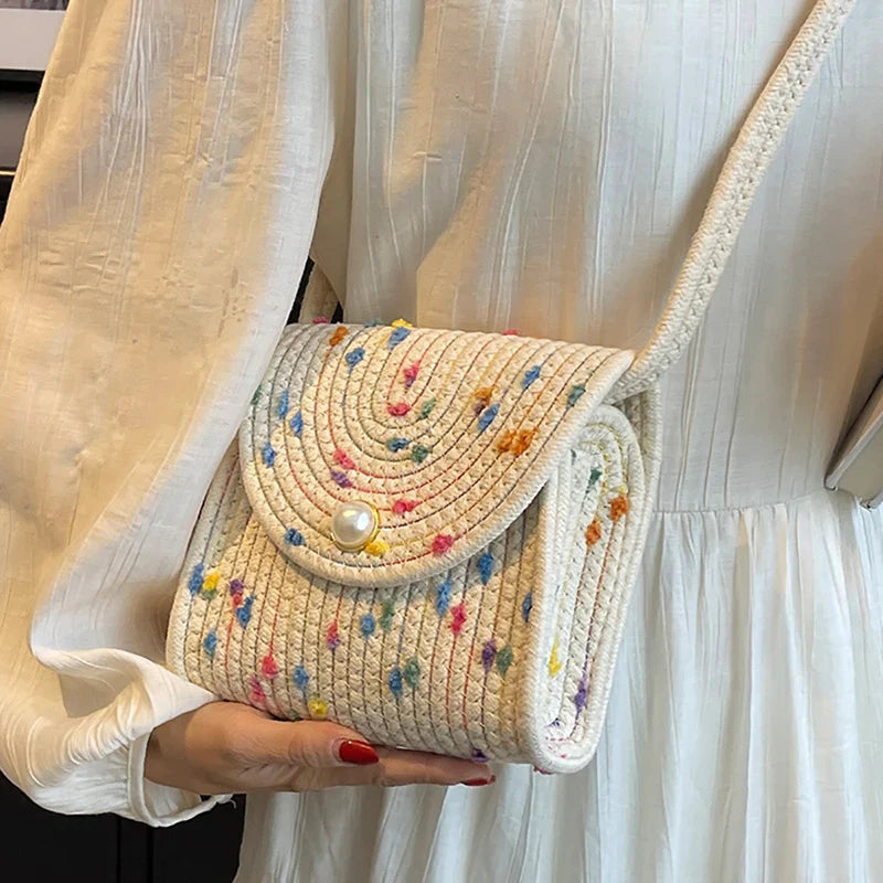 qgtao Summer New Straw Small Square Bag Fashion Pearl All-match Colorful Dot Crossbody Bag Women's Popular Braided Handmade Beach Bag