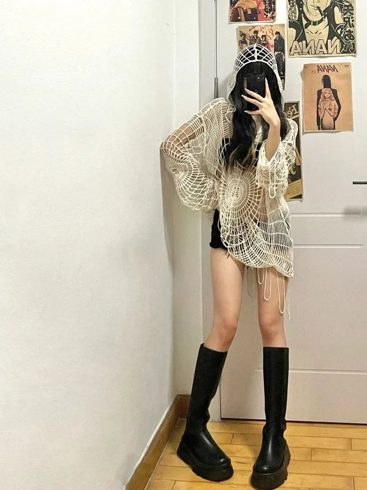 qgtao - Y2k Hollow Out Knit Hoodies Women Spider Web Hole Crochet Top Punk Grunge E-Girl Pullover Streetwear Goth Mesh Clothes