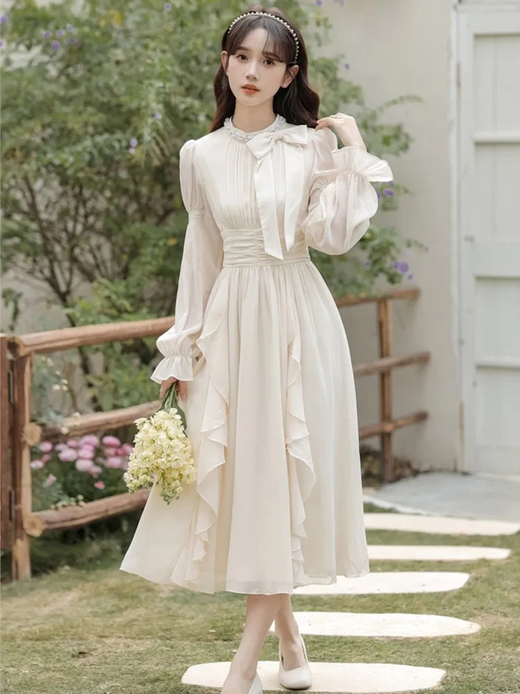 qgtao Autumn Chiffon Midi Dresses for Women O-neck Bow Flare Sleeve High Waist Ruffles A-line Princess Party Dress Vestidos Mujer New
