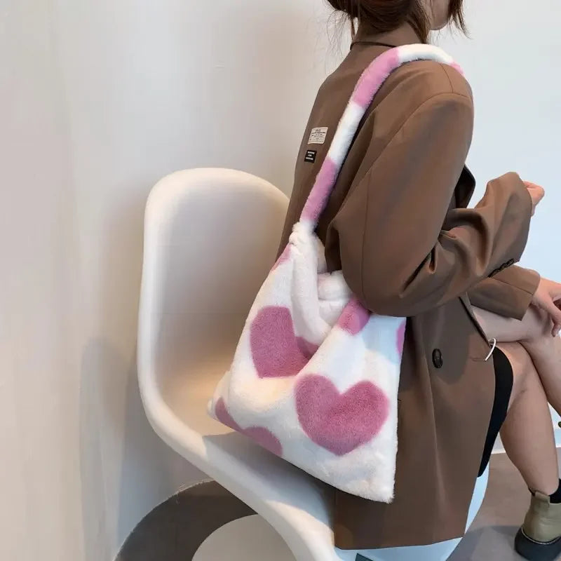 qgtao Women Fluffy Shoulder Bag Top-handle Bag Female Autumn Winter Handbag Plush Tote Girls Fashion Shopping Bags Handbags for Women