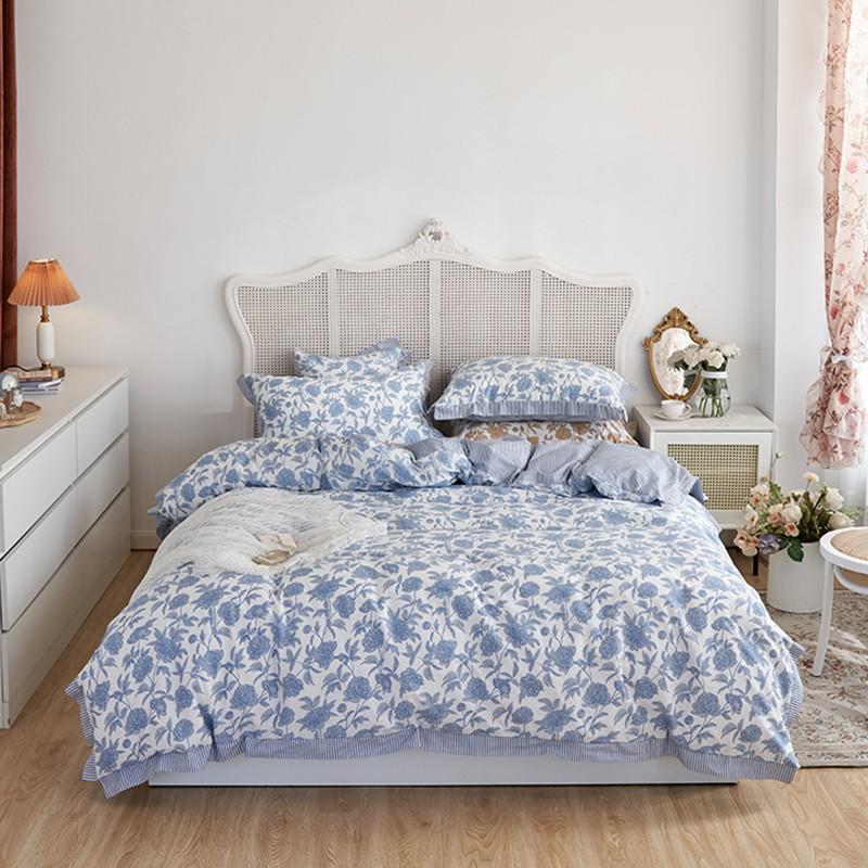 Yeknu Floral Blossom Print Duvet Cover Blue White Botanical 100%Cotton Comfy 4Pcs Double Queen King Bedding Set Bed sheet Pillowcases