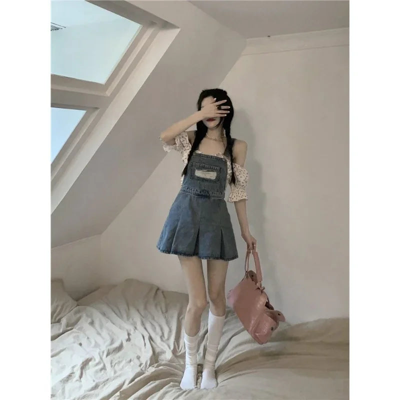 qgtao-Denim Overall Dresses Women Summer Vintage Blue Elegant Y2k Folds Camisole Pleated Dress Mini Fashion Hotsweet Korean Vestidos