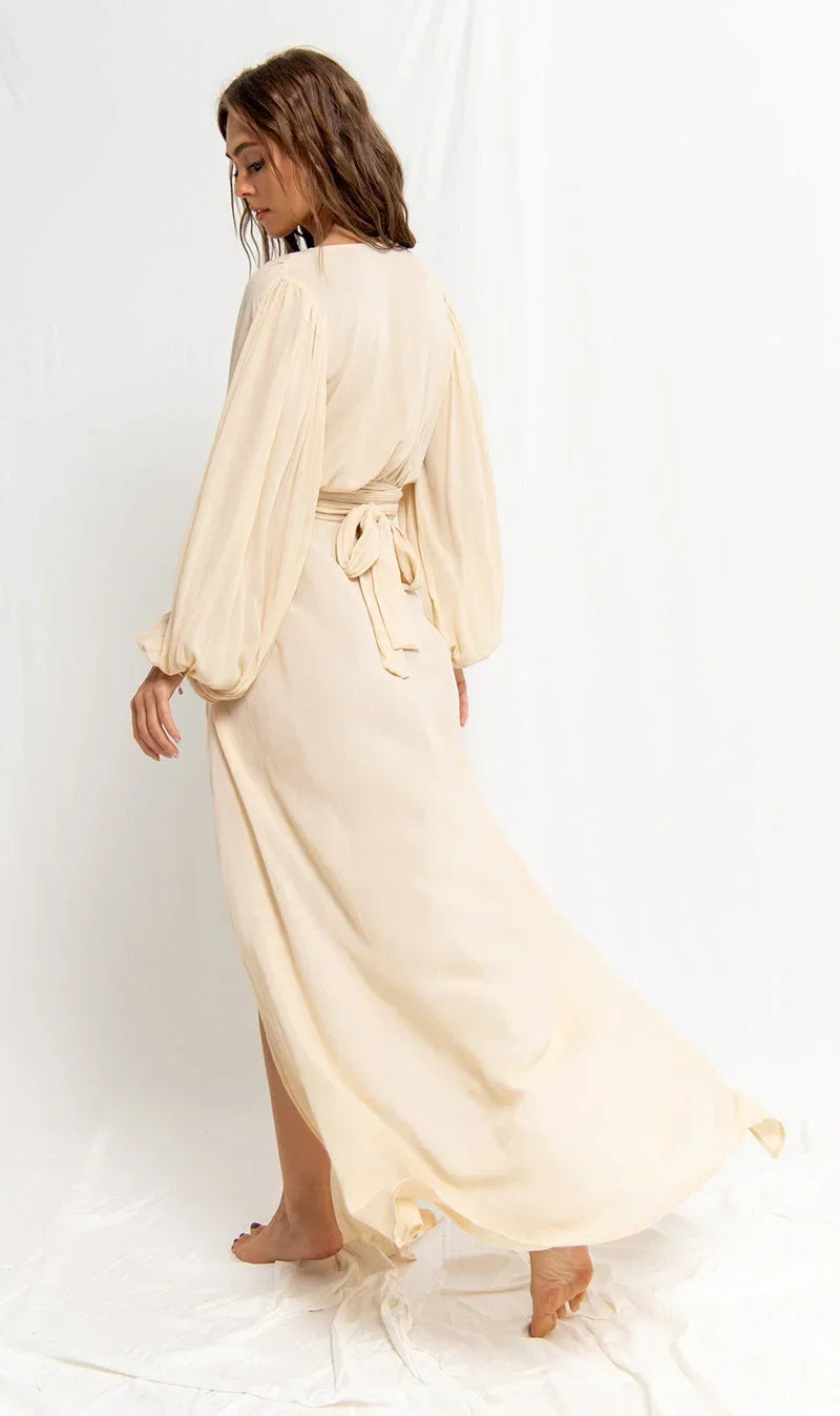 qgtao Elegant Sexy Dress for Women Lantern Sleeve Deep V-neck Cut Out Beach Style Split Hem Boho Vintage Casual Vintage Midi Dress