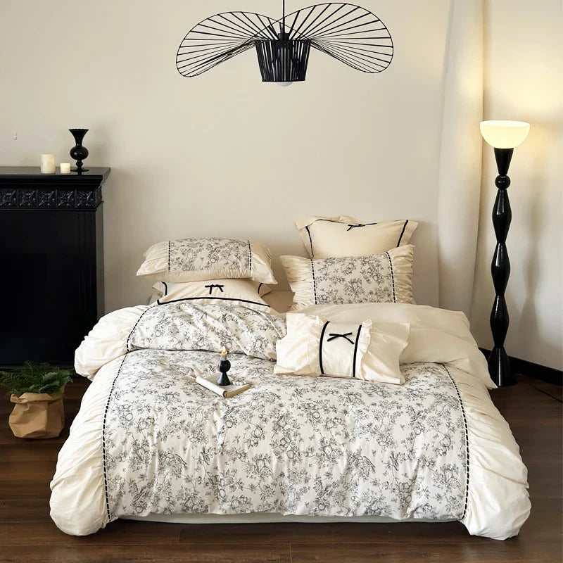 Yeknu Winter 100% Cotton Korean Princess  Bedding Set Thickened Retro French Duvet Cover Sets Flower Bed Skirt  Skin-friendly Fabrics