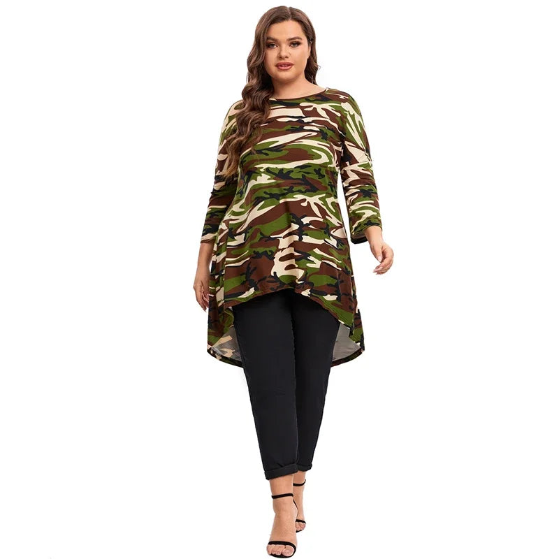 qgtao Plus Size Long Sleeve Camouflage Tunic Tops Long Loose Elegant Autumn Hi Low Swing Blouse T-shirt Plus Size Clothing Women 6XL