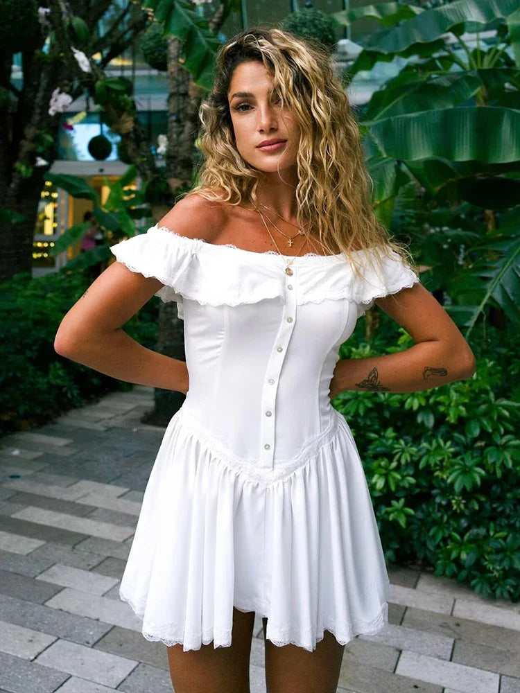 qgtao -2024 Women's French vintage single-breasted lace ruffle one-shoulder dress. summer. new style. Chic mini skirt.