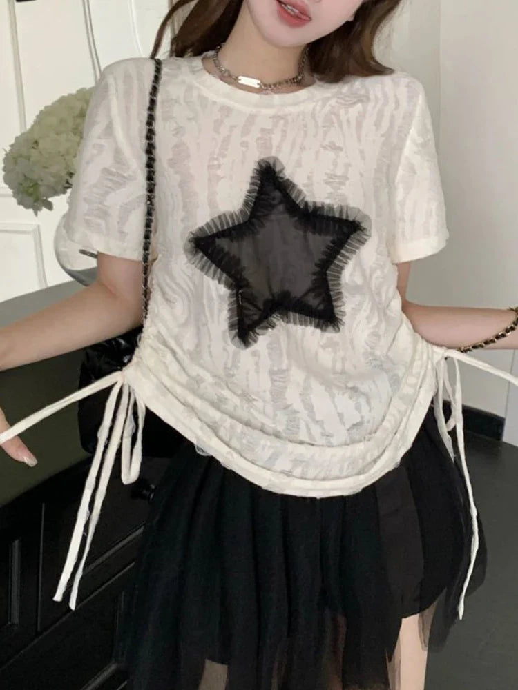 qgtao Y2K T Shirts Women Summer Short Sleeve Top Female Harajuku Fashion Star Print Tee Ladies Vintage Hotsweet Drawstring Camisetas