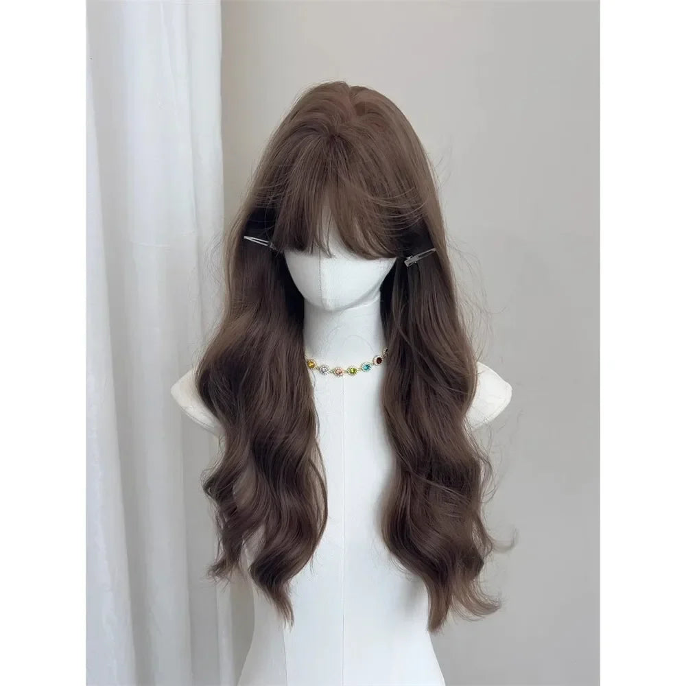 qgtao - Wig for Women Brown Long Wavy Wigs with Bangs Wool Curls Long Hair Big Waves Headband Wig Heat-resistant
