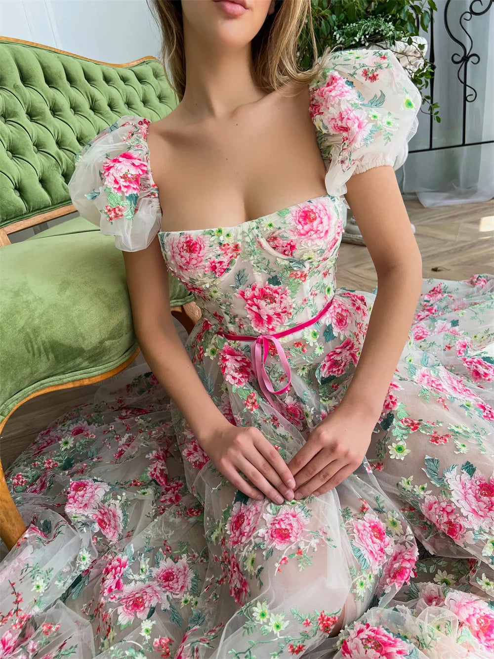 Handmade Sweet Prom Dress Luxury Lace Embroidery Evening Dress Short Sleeve A-line Prom Gown