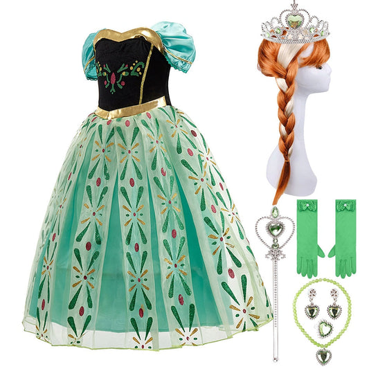 Girls Anna Costume Little Children Princess Costume Summer Green Dress Kids Birthday Party Fancy Christmas Clothes 3-10 Years