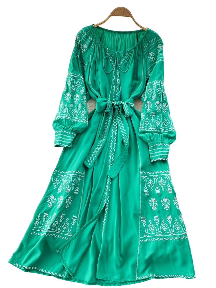 French Style Long Sleeve Embroidered Dress