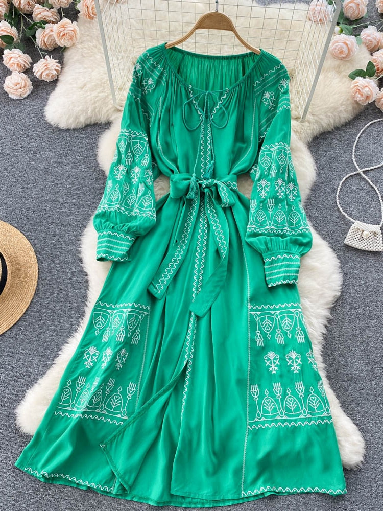 French Style Long Sleeve Embroidered Dress