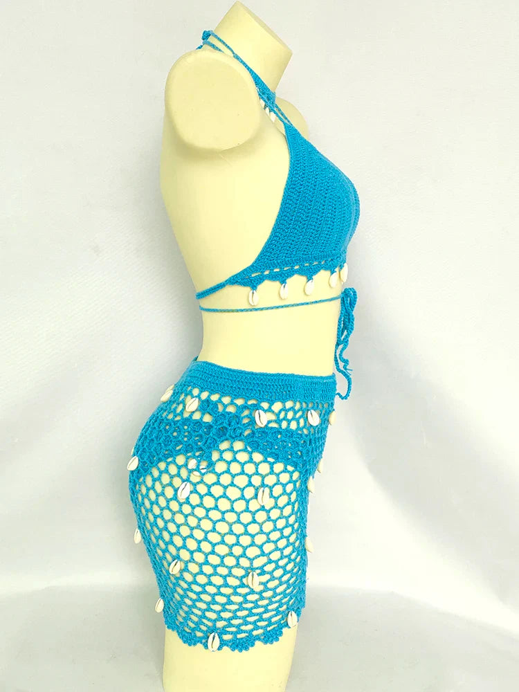 qgtao 4 pieces Woman Bikini Set Crochet Shell Tassel Top Sexy Thong Bottom See-Through Hollow Out Bandage High Waist Short Beach Skirt