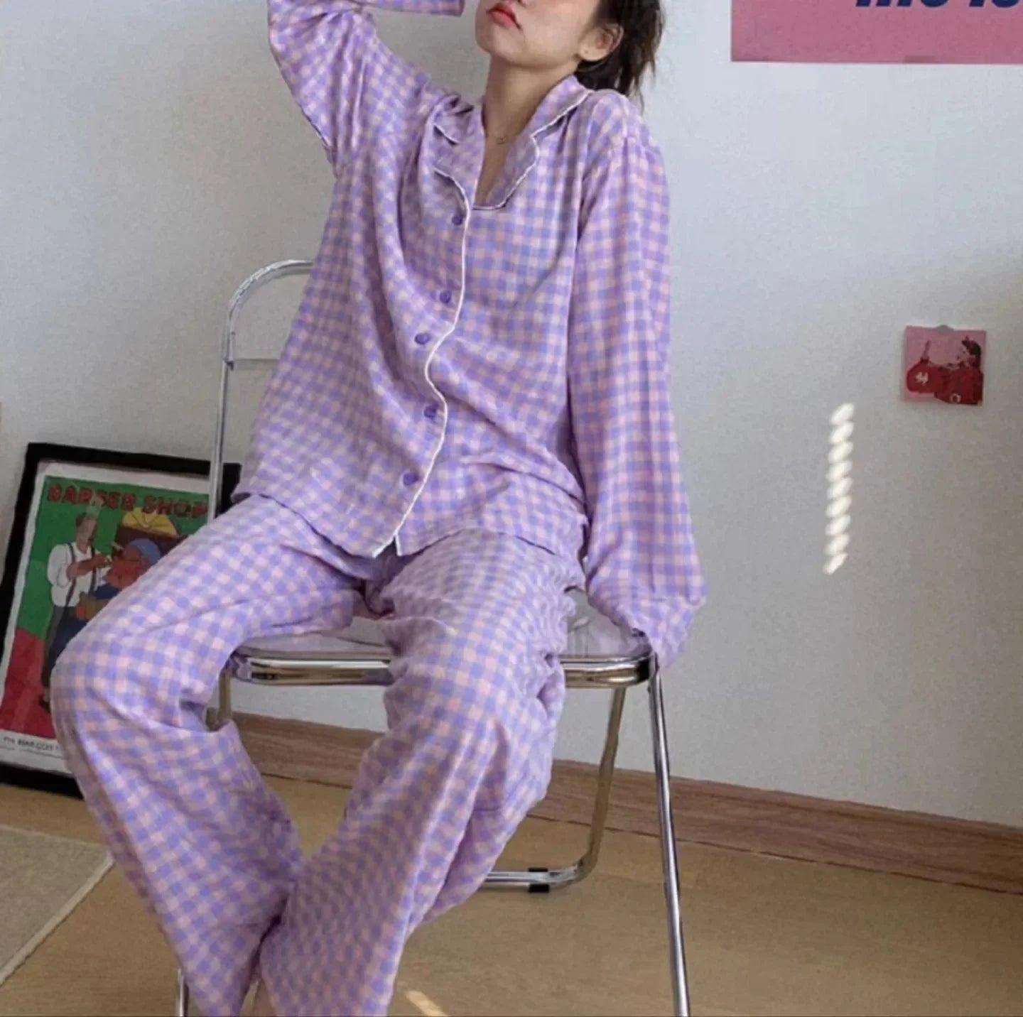 qgtao Spring Autumn Pajamas Women's Winter Sleepwear Set Korean Version of Ins Style Cute Long Sleeve Trousers Set Female Loungewear