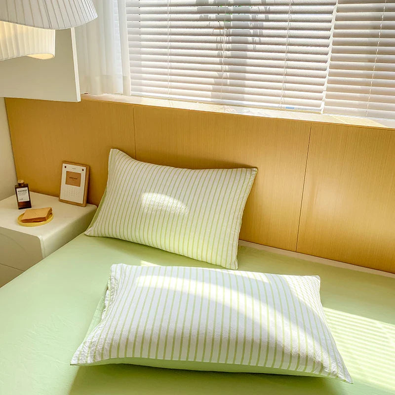 Yeknu Green Striped Duvet Cover Pillowcase and Solid Color Sheet INS Bedding Set Adult Girls Bedclothes Washed Cotton Bed Linens