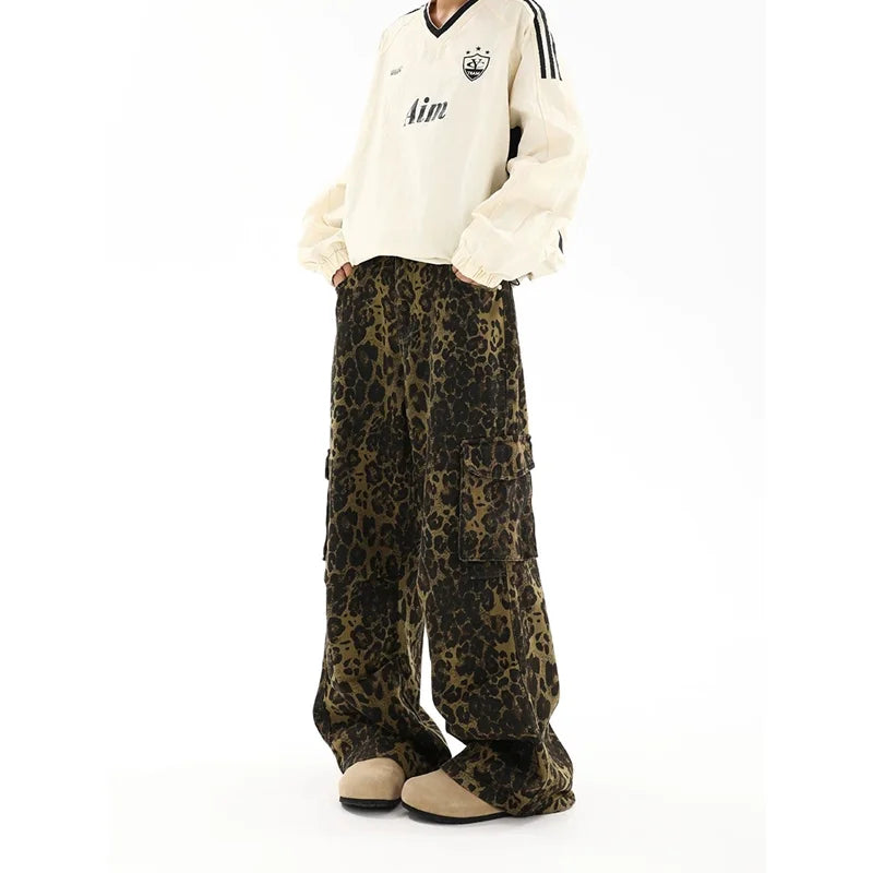 qgtao - American Vintage High Waist Trashy Jeans 2024 Autumn Women Casual Baggy Leopard Print Pants Wide Leg Grunge Street Denim Trouser
