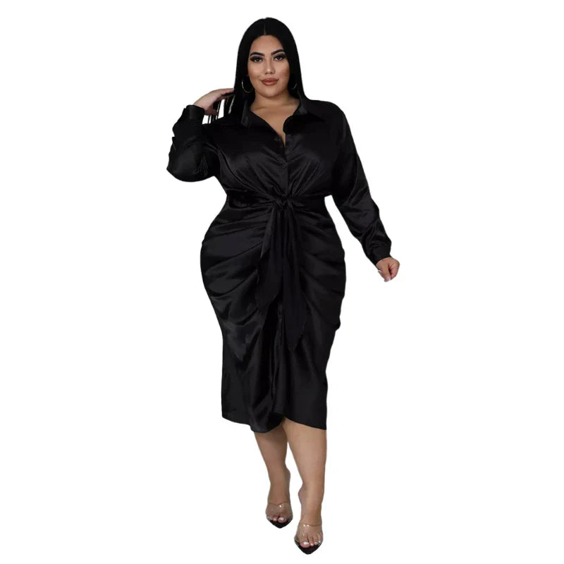 qgtao Elegant Satin Plus Size Women Shirt Dress Sexy Ruched Long Sleeve Lace Up Evening Party Midi Drerss Vestido Africano Feminino