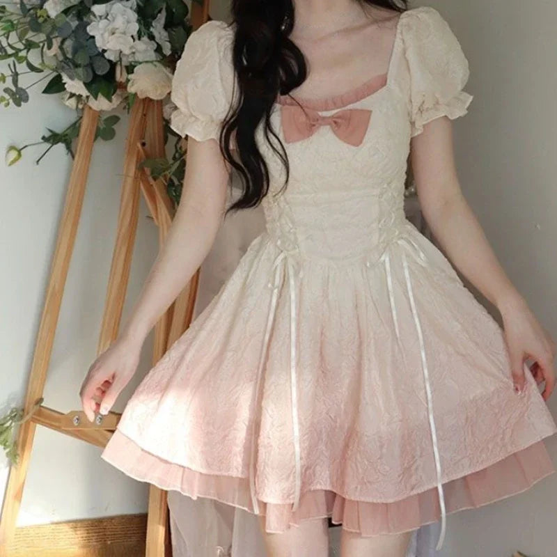 qgtao Bubble Sleeve Kawaii Lolita Mini Dress Women Pink Bow Princess Sweet Party Cute Dress A-Line Elegant Fairy Dress 2024 Spring New