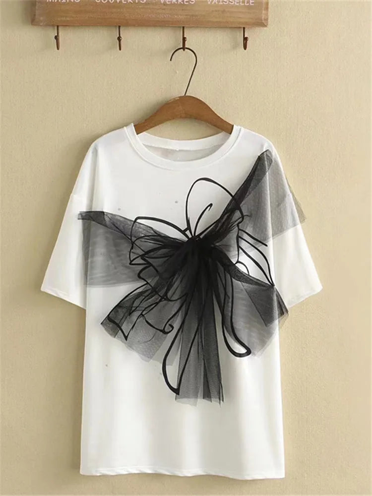 qgtao Plus Size Clothes For Women In Summer Short Sleeve Cotton T-Shirt Large Bow Decoration In Mesh Fabric Large Size Cotton Tops