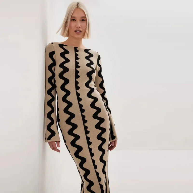 qgtao Fashion Bodycon Knitted Elegant Dress Casual Autumn Chic Office Women Maxi Dresses Ripple Striped Vintage Spice Sexy Party Robe