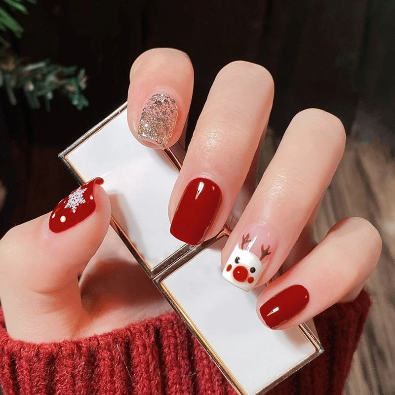 24pcs/Box Detachable Coffin False Nails Wearable French Ballerina Christmas Fake Nails Full Cover Nail Tips Press On Nails