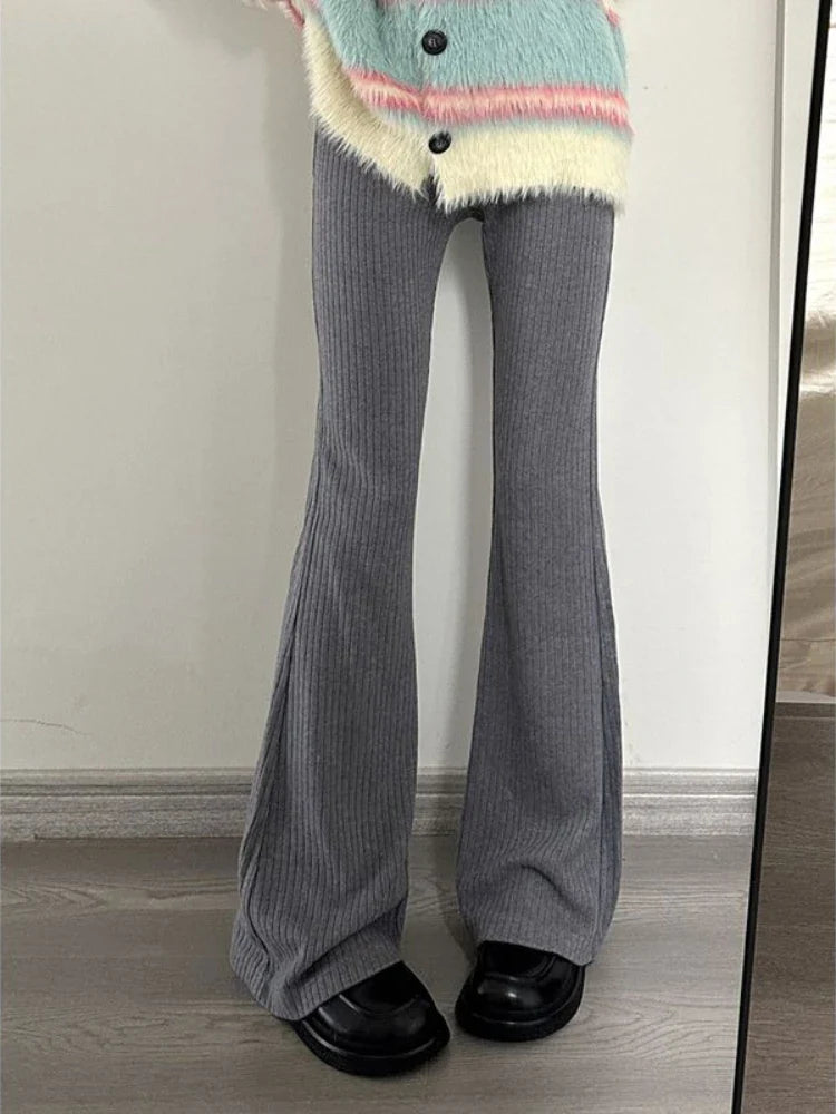 Deeptown Vintage Gray Flare Pants Women Harajuku Black High Waist Wide Leg Trousers Korean Slim Knit Full Pants Y2K Streetwear