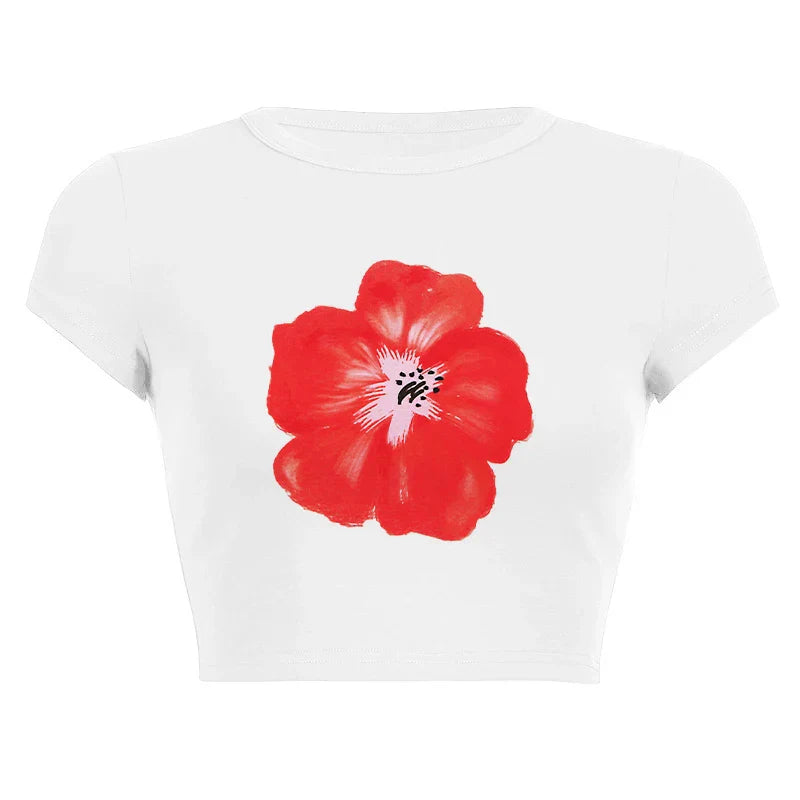 qgtao Sexy Summer Crop Tops Aesthetic Flowers Graphic Baby Tee Goth Harajuku Y2k Style Short Sleeve Camis Vintage Woman 2000s T-shirts