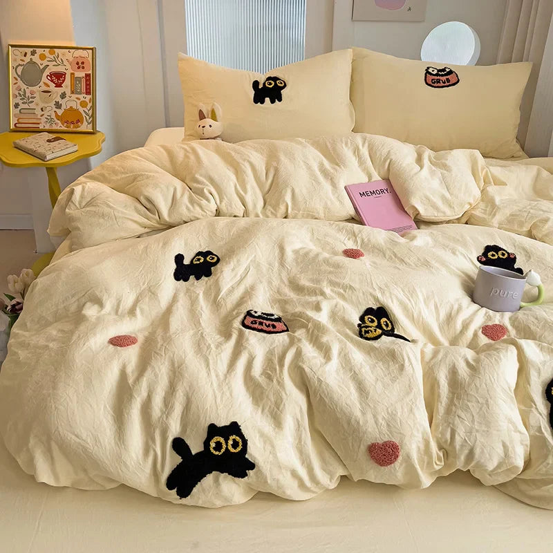 Yeknu Bedding Set Super Soft Washed Cotton Towel Embroidery Duvet Cover Four Piece Set - Lucky Cat Series