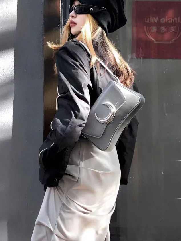 qgtao Y2k Silver Handbags Women 2023 High Street Chain Half Moon Shoulder Bag Female Vintage Harajuku Messenger Bags Aesthetic