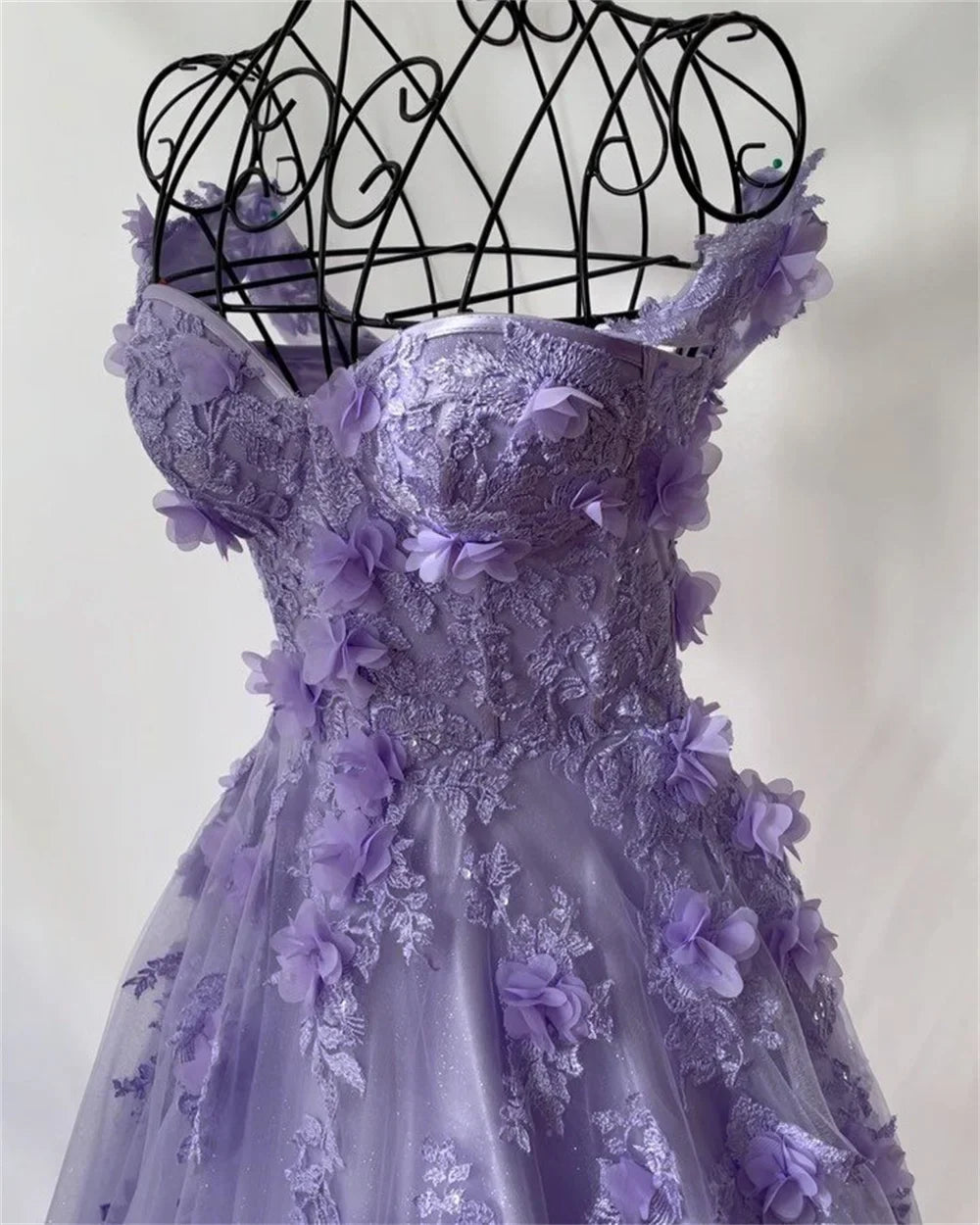 qgtao Princess 3D Flower Sweet A-line Tulle Evening Dress Purple Prom Dress Handmade Robe