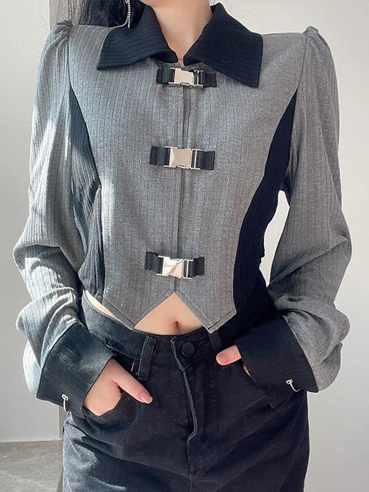 qgtao Y2k Aesthetic T-shirts Women Metal Buckle Design Crop Top Ladies Long Sleeve Patchwork Hot Girl Slim Tees