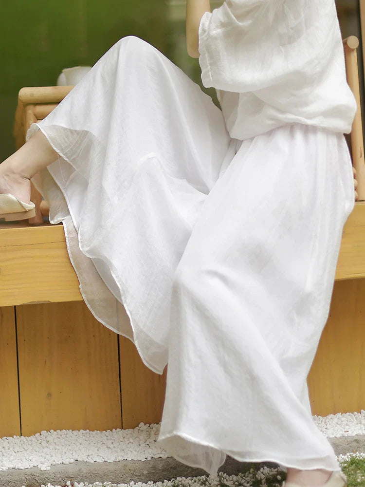 qgtao Women Elegant Solid Cotton Pants Korean Summer Retro High Waist Two Layer Wide Leg Pant Long Boho Trousers Female