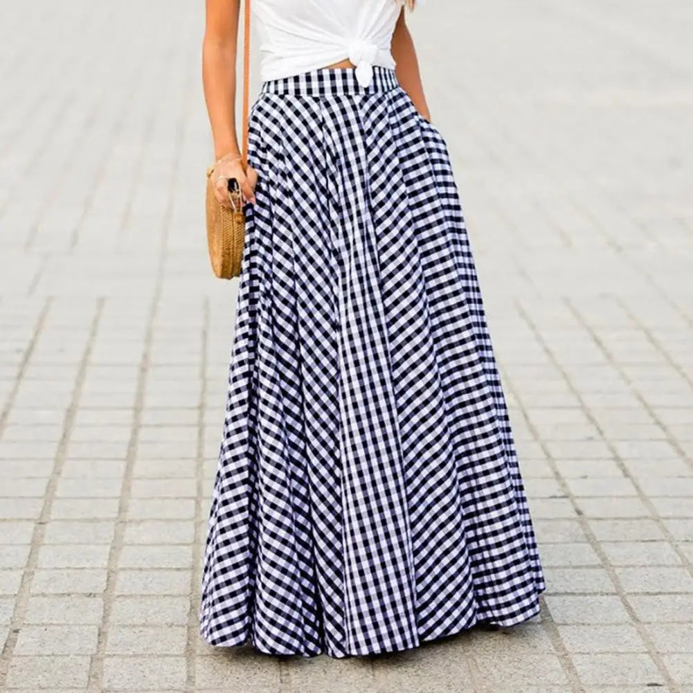 Vintage Bohemian Women High Waist Summer Long Skirt Plaid Pockets Casual A-Line Maxi Skirts Elegant Beach Skirt Long Skirt