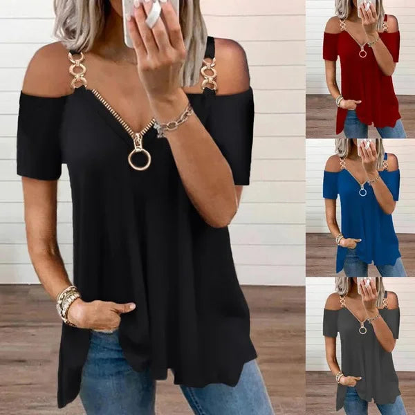 Chain Strap Off Shoulder Designed Top Women Solid Zipper V-Neck Sexy Short Sleeve Female Casual Pullover Loose Clothes