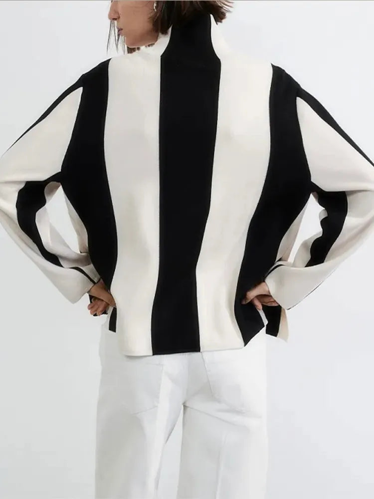 Vertical Stripe Mock Turtleneck Sweater For Women Autumn O-neck Long Sleeve Knitter Pullover Vintage Fashion Commute Jumpers