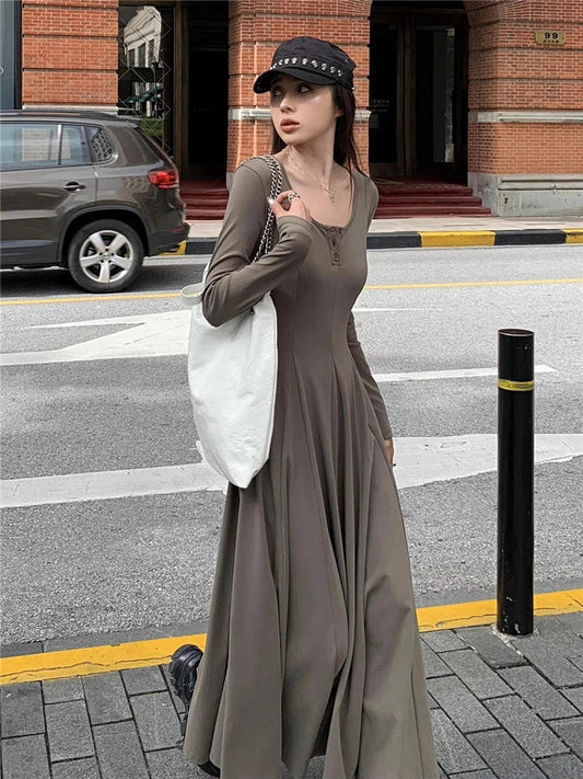 qgtao-Elegant Black Knitted Midi Dresses for Women Autumn and Winter Fashion Solid Sweet Cute Slim Chic Vintage Female Long Dress