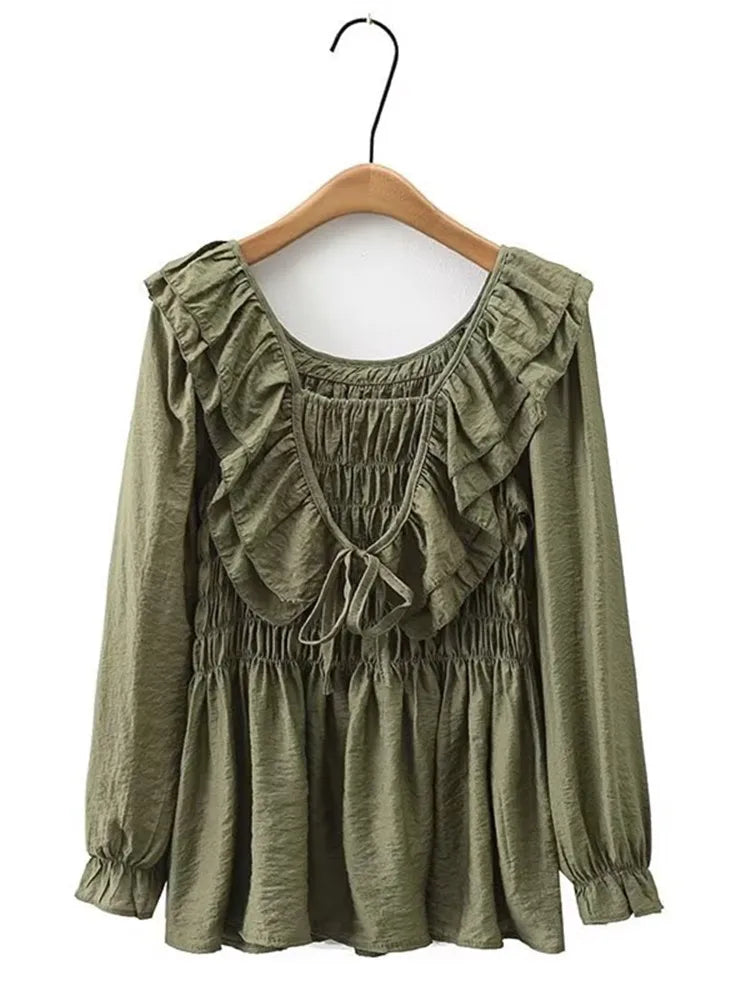 qgtao Plus Size Women's Clothing Autumn Pullover Imitation Silk Satin Shirt Top With High Stretch Pleats And Ruffles On The Chest