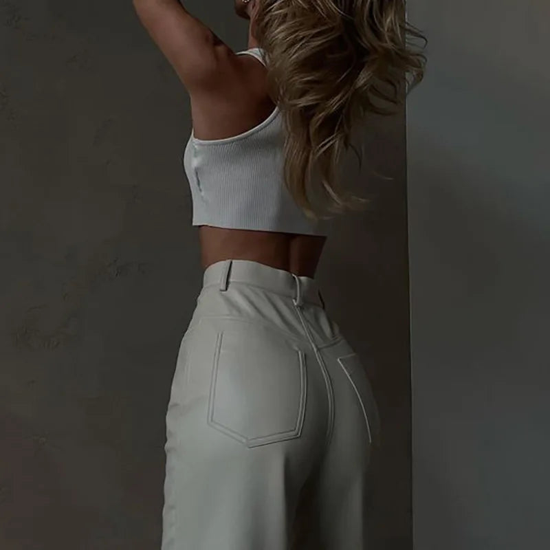 qgtao Fashion White PU Leather High Rise Pants Street wear Casual Button Up Straight Leg Pants for Women Trousers Pants