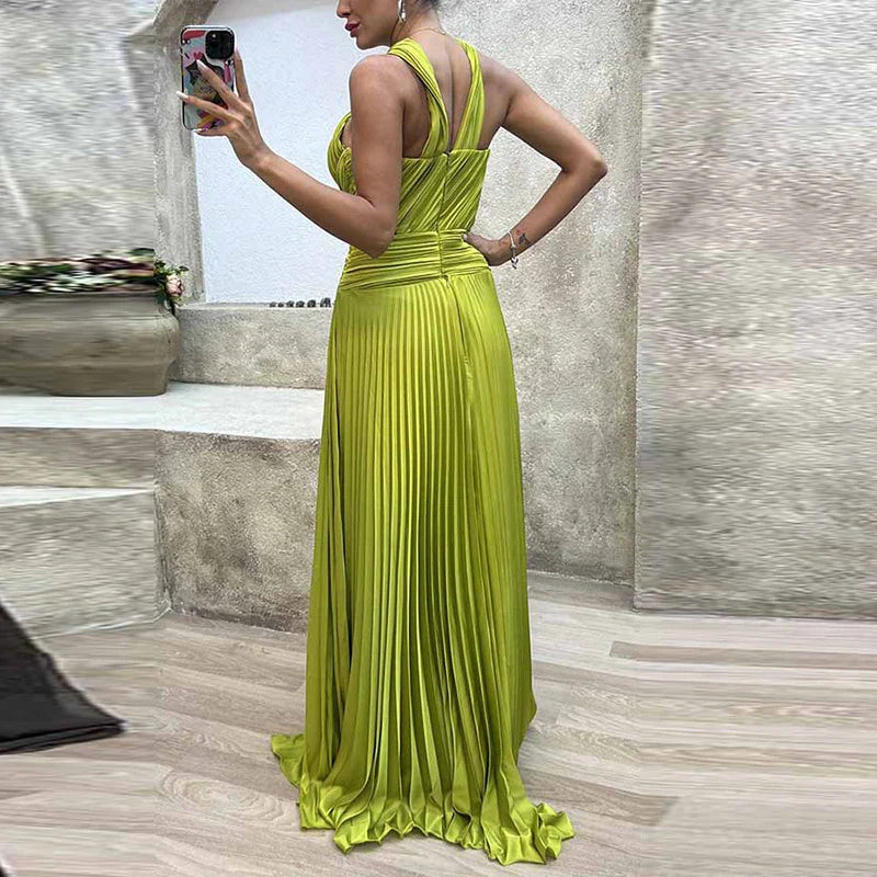 qgtao Fashion Banquet Halter Hollow Out Party Dress Women Temperament High Waist Slim Maxi Dress Elegant Sexy Pleated Slit Long Dress