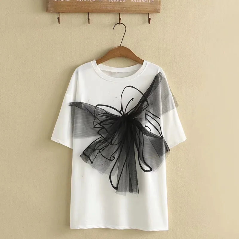 qgtao Plus Size Clothes For Women In Summer Short Sleeve Cotton T-Shirt Large Bow Decoration In Mesh Fabric Large Size Cotton Tops