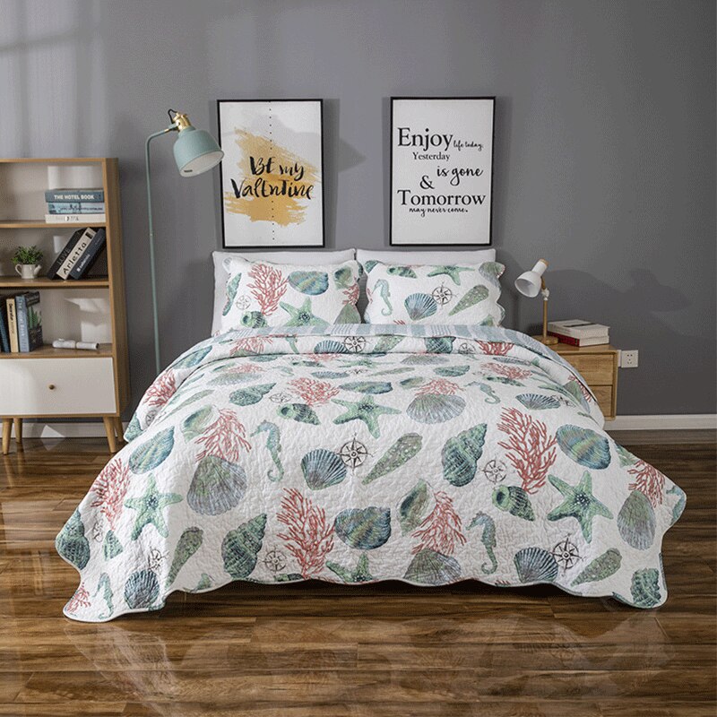 Yeknu Double Bed Cotton Print Sea Life 3 Piece Quilted Quilt Pillowcase Free Shipping