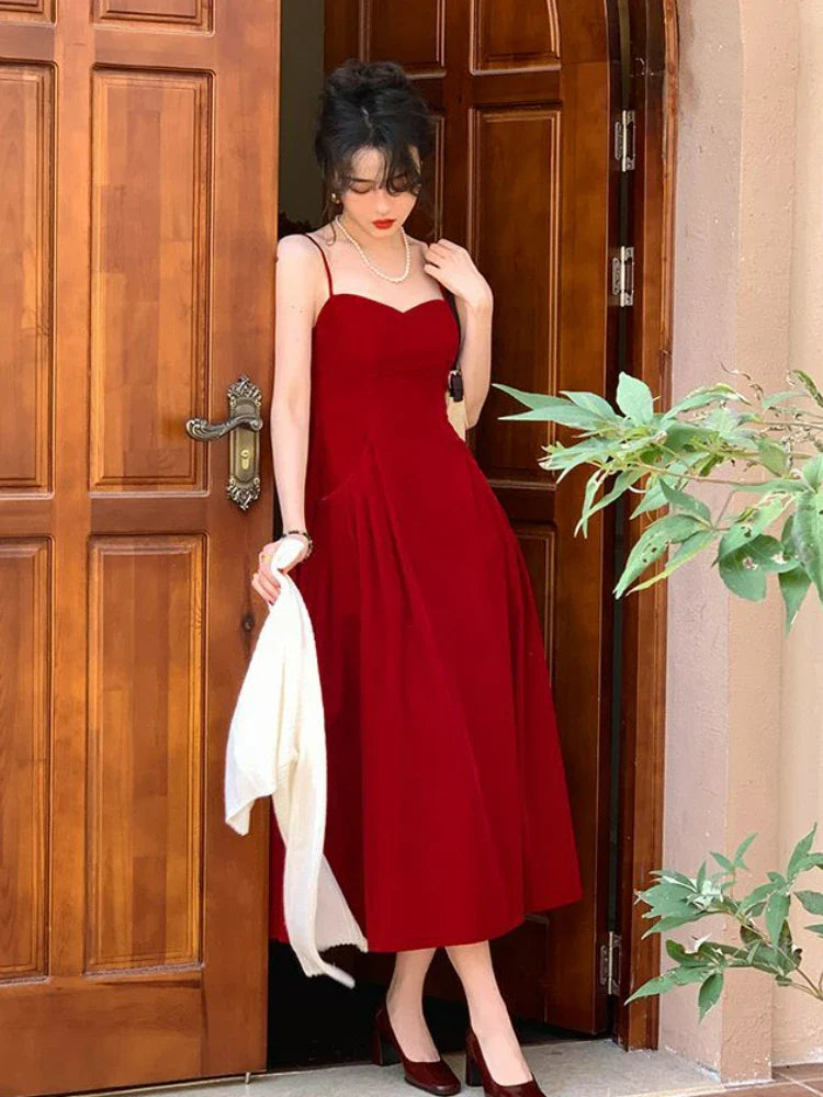 qgtao 2024 Summer French Vintage Strap Dress Women Red Elegent Korean Party Midi Dress Female Sexy Backless Evening Beach Fairy Dress