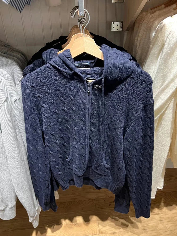 Solid Twist Knitted Hooded Cardigan Women Autumn Casual Cotton Ribbed Trim Zip-up Sweater Vintage Streetwear Cropped Tops Coat